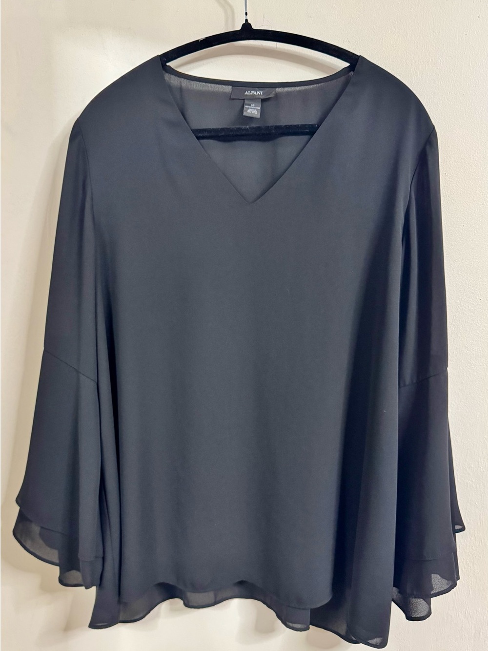 Alfani Black Sheer V-Neck Flowing Sleeve Blouse